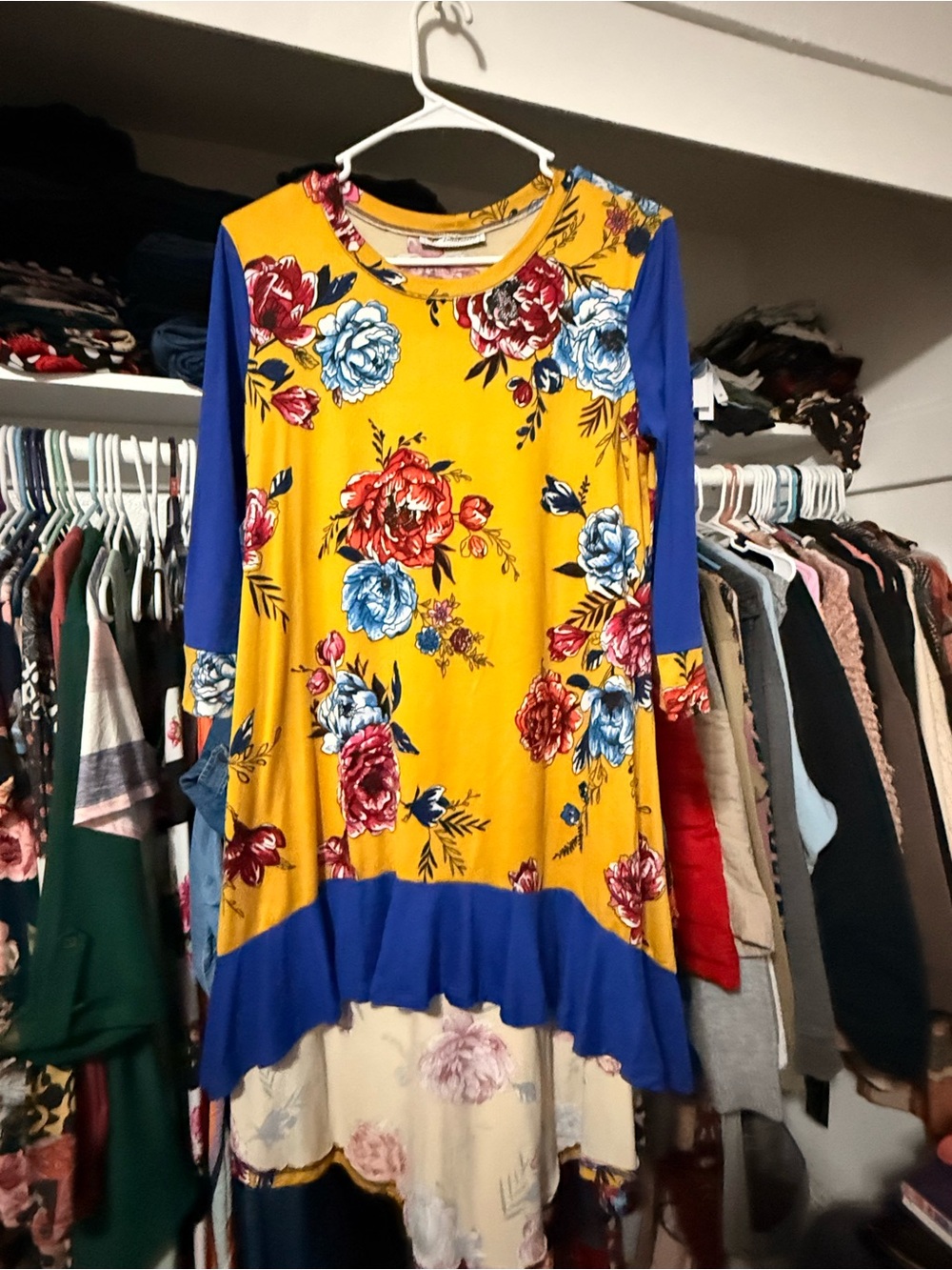 Floral Mustard and Royal Blue High-Low Tunic Top